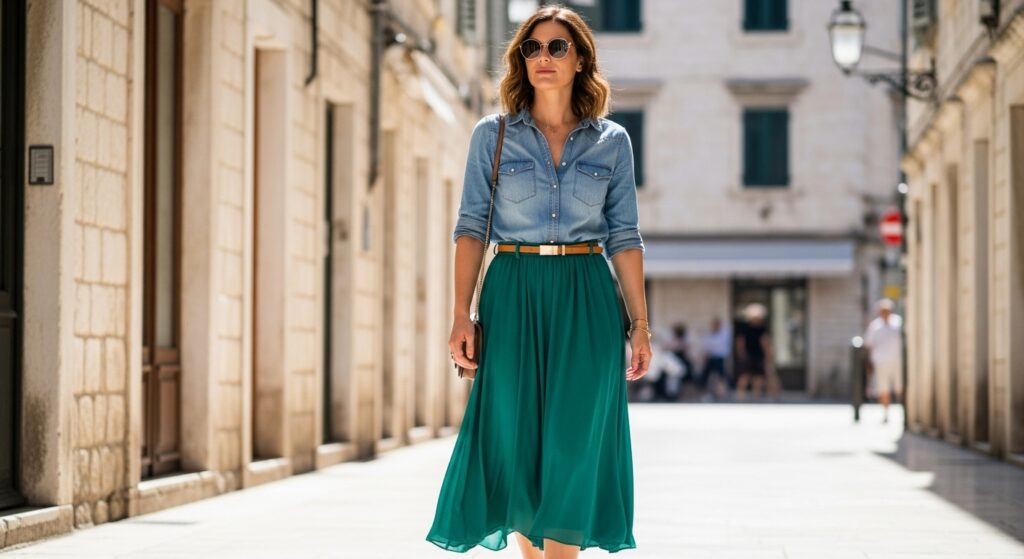 Chambray Shirt With Midi Skirt And Belt