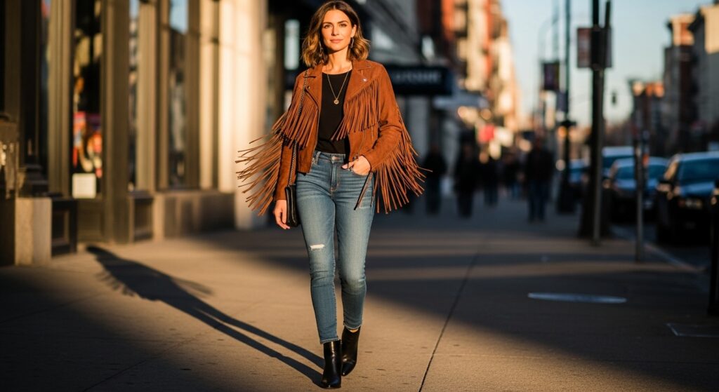 Fringe Jacket With Skinny Jeans And Ankle Boots