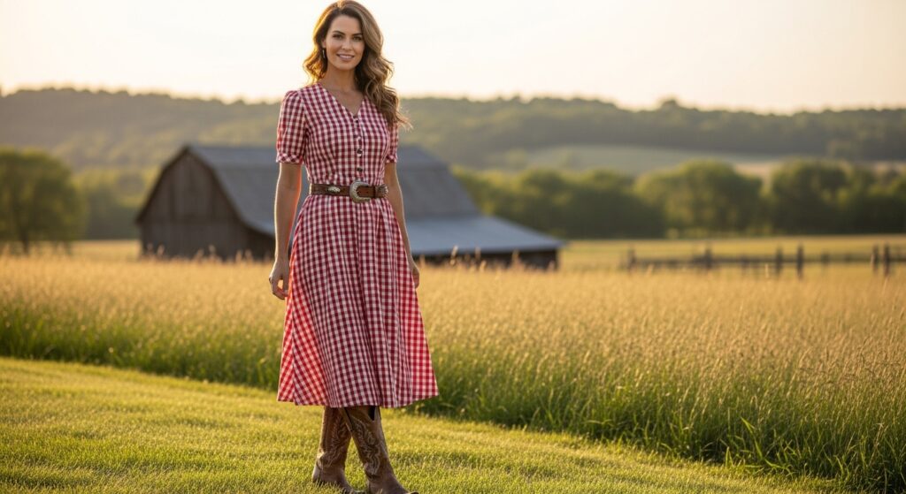 Gingham Dress With Brown Leather Belt And Western Boots