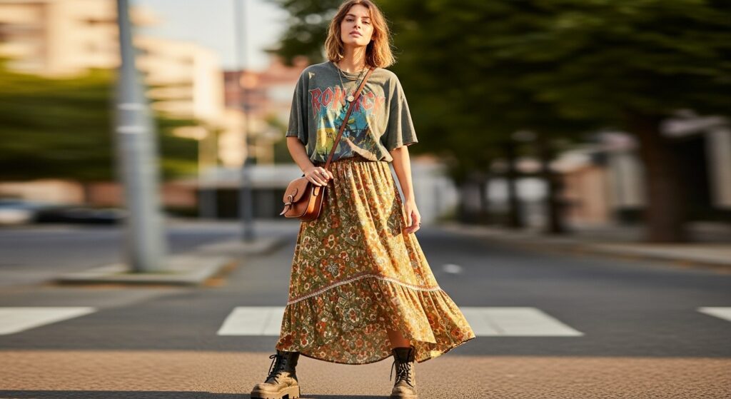 Gingham Dress With Brown Leather Belt And Western Boots