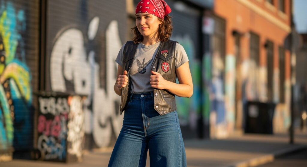 Leather Vest With Flared Jeans And Bandana
