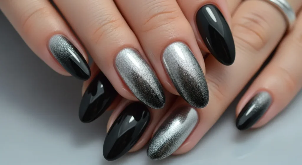Black and Silver Ombre Nails