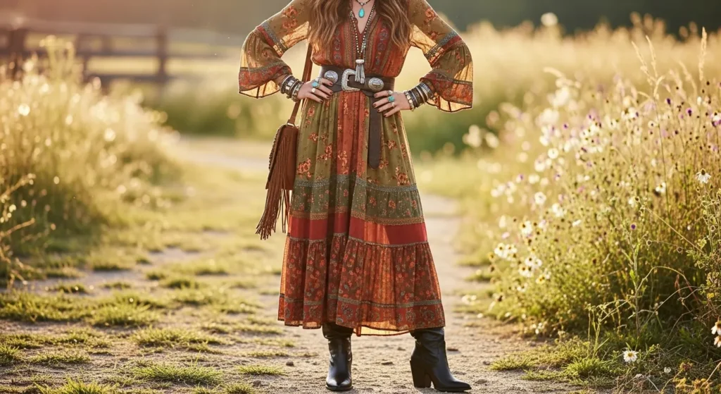 Boho Chic with Black Heeled Boots