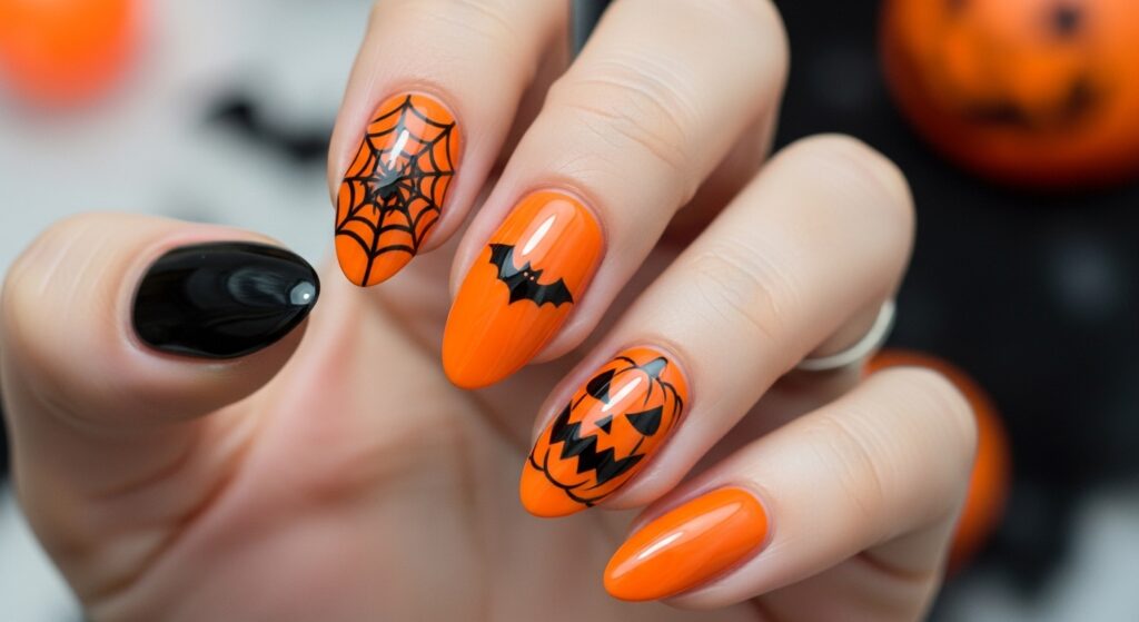 Classic Black and Orange Halloween Nails