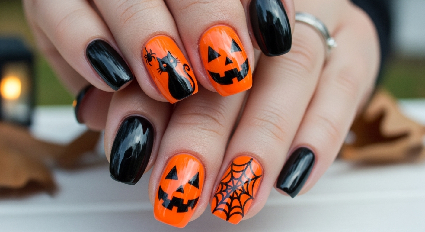 Classic Black and Orange Halloween Nails
