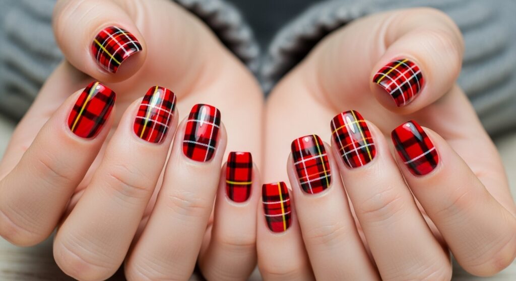 Classic Red Tartan Plaid Nails