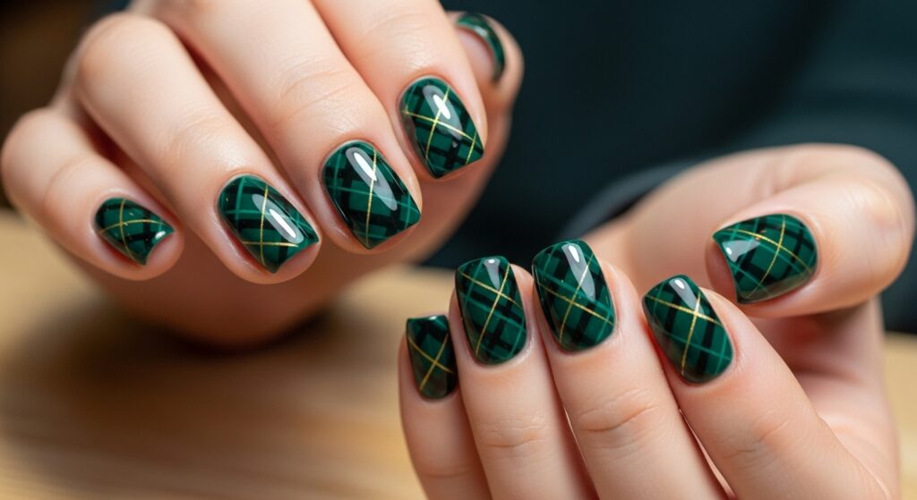Dark Green Plaid Nails