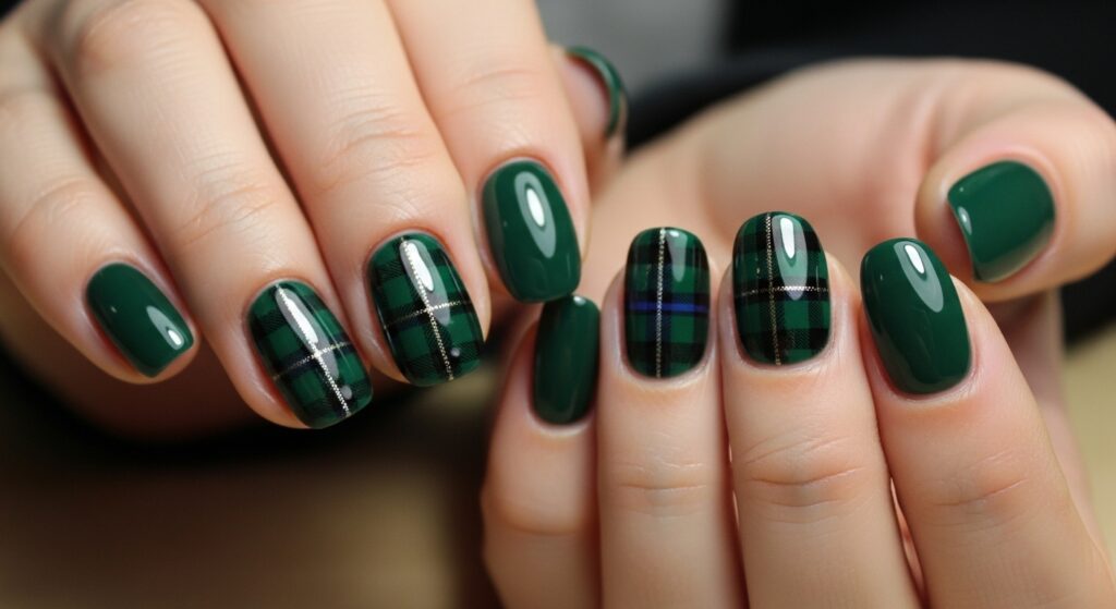 Dark Green Plaid Nails