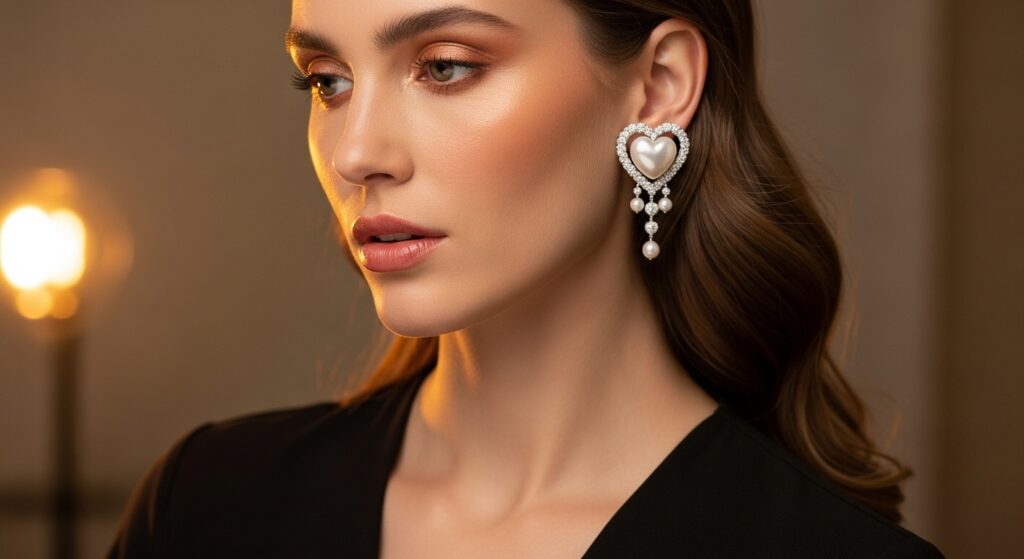 Diamond Heart Earrings with Pearls