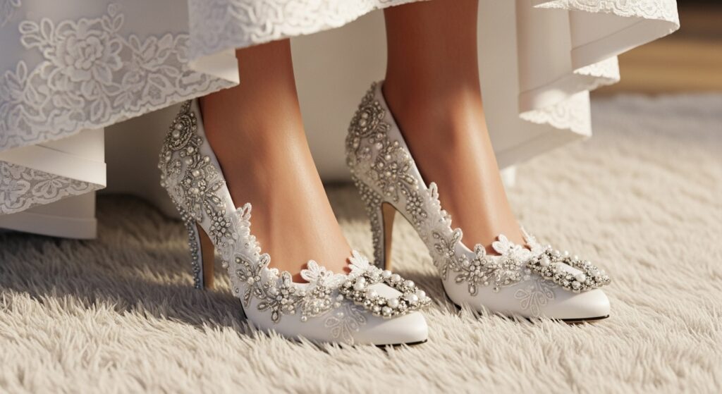 Embellished White Bridal Pumps
