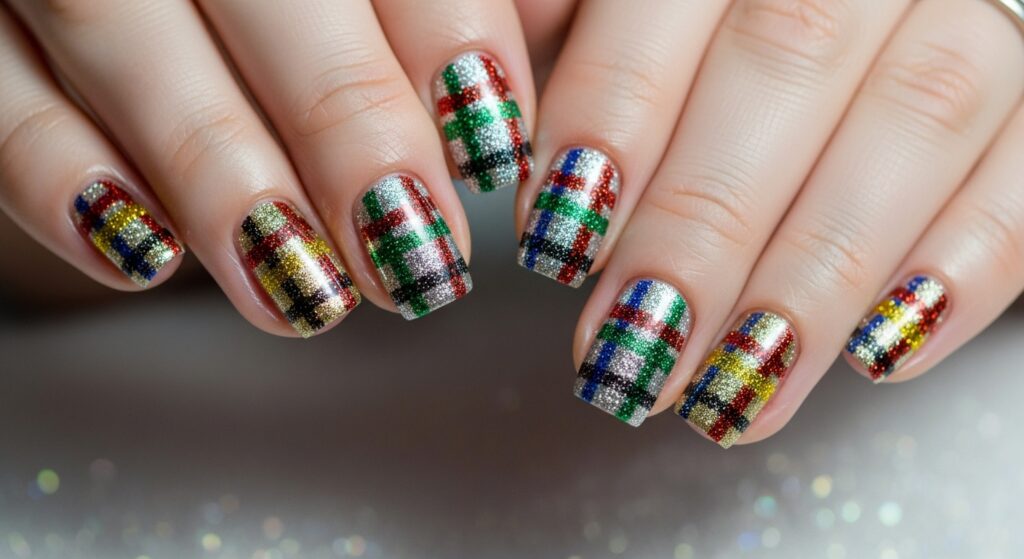 Glitter Plaid Nails