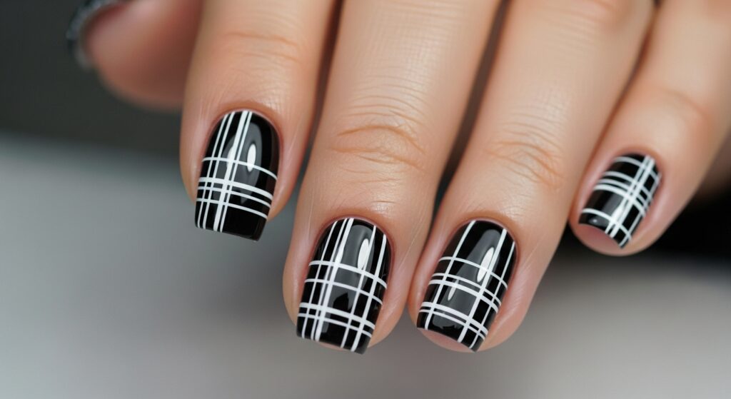 Minimal Black and White Plaid Nails