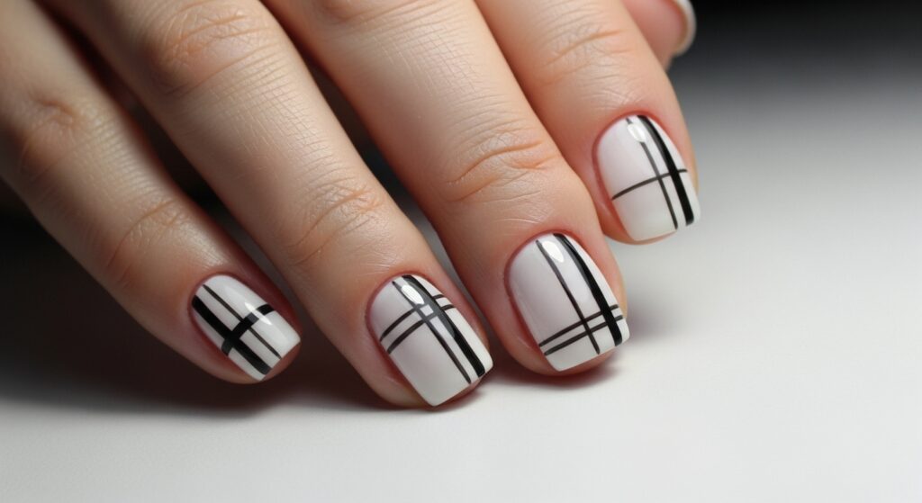 Minimal Black and White Plaid Nails