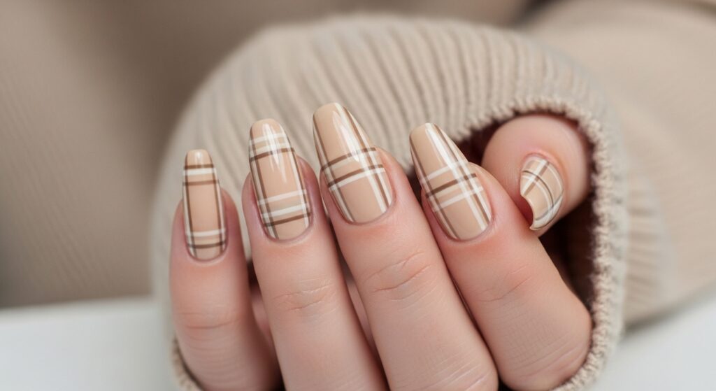Neutral Beige Plaid Nail Ideas