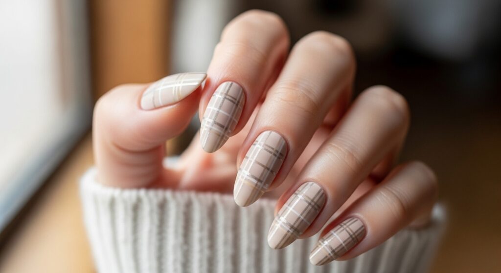 Neutral Beige Plaid Nail Ideas