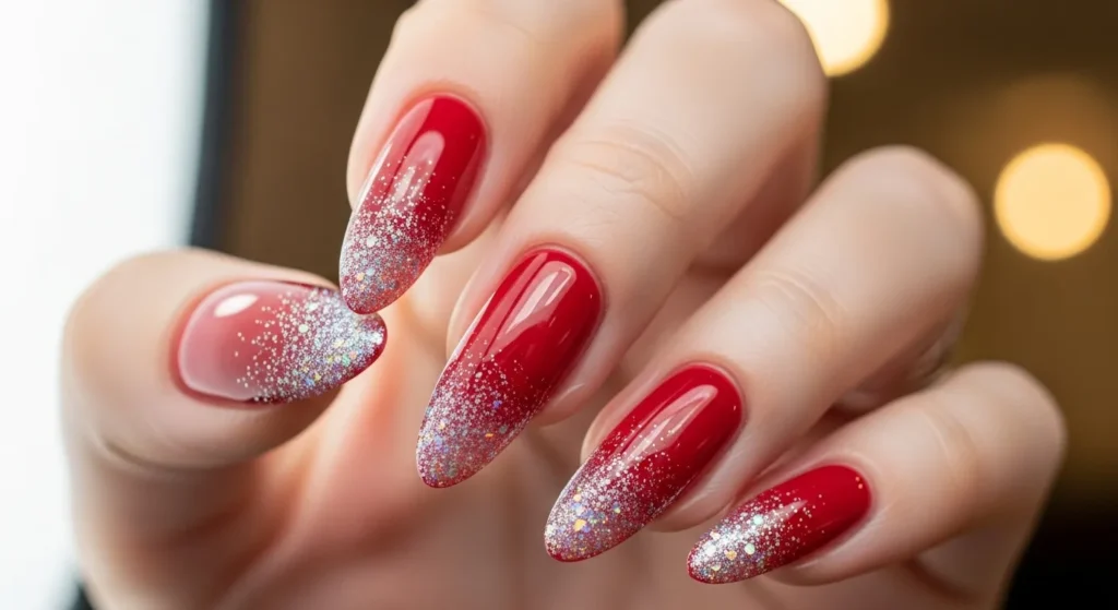 red nails with glitter