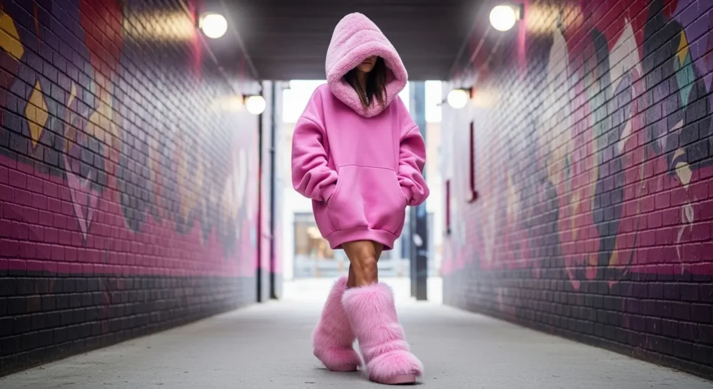 Pink Fur Boots with Oversized Hoodies
