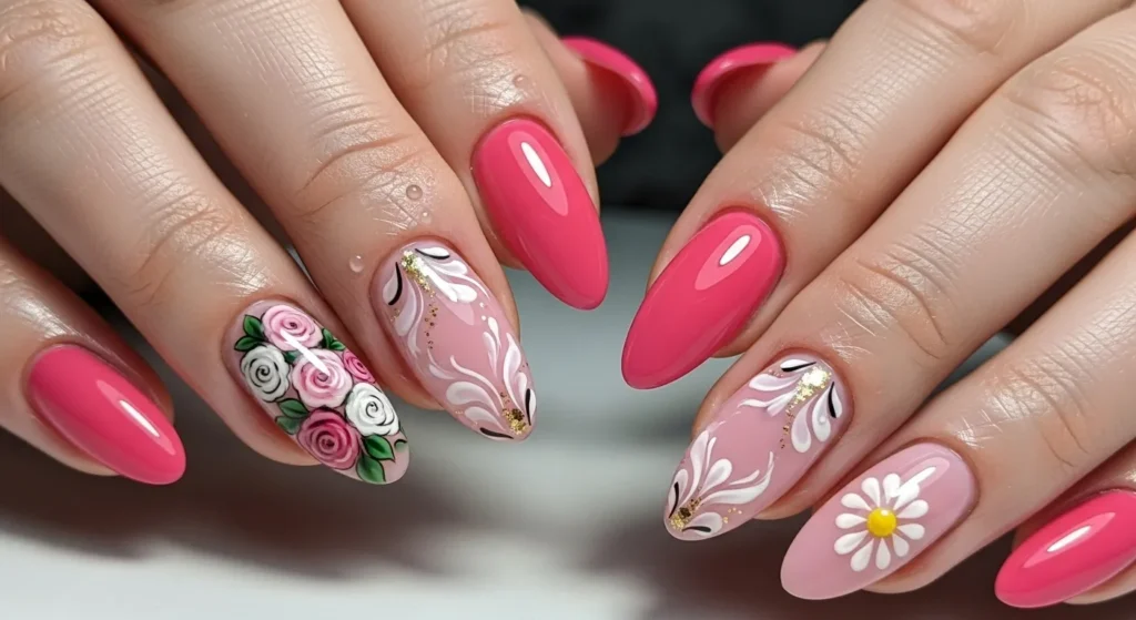Pink Nails with Floral Art