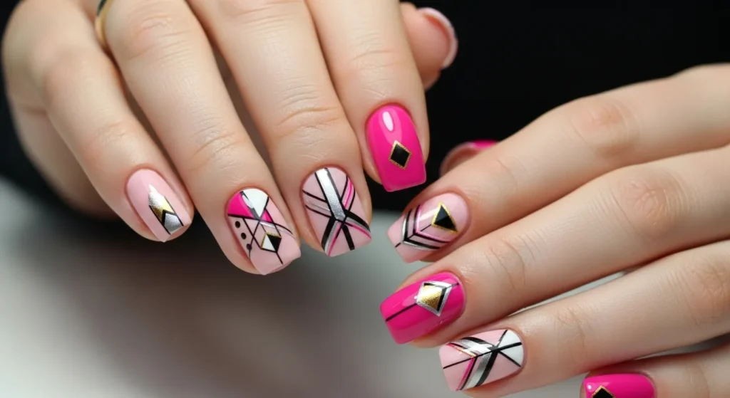 Pink Nails with Geometric Designs