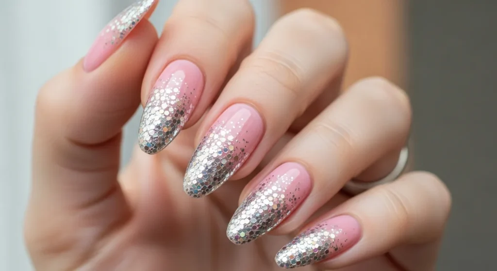 Pink Nails with Ombre Glitter Tips