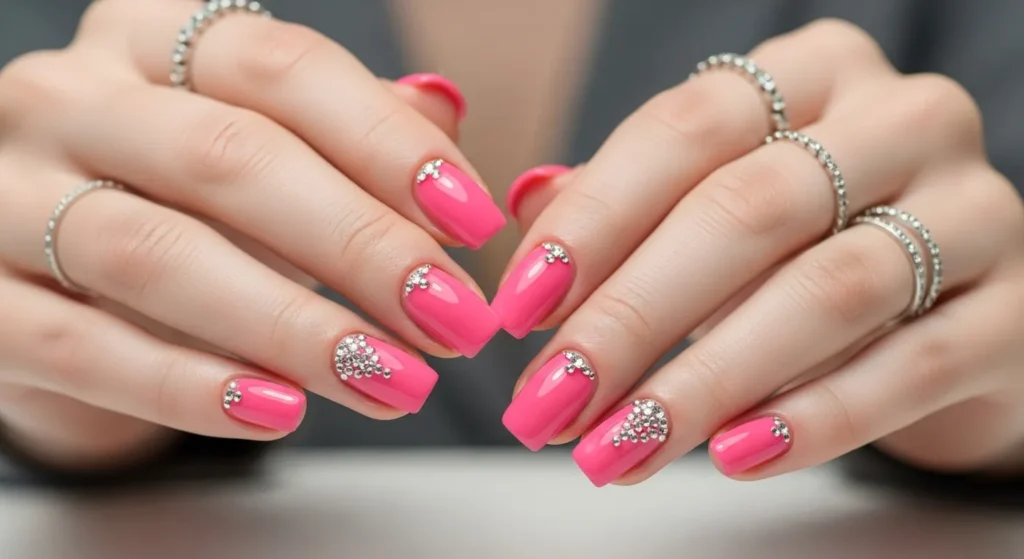 Pink Nails with Rhinestone Accents