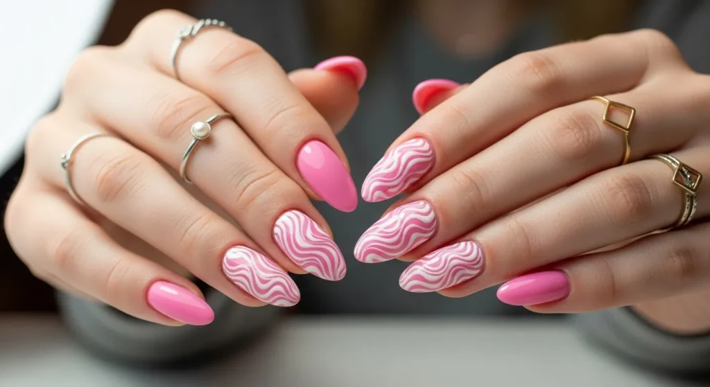 Pink Nails with White Swirls