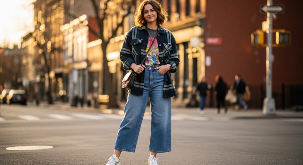 Plaid Shacket + Graphic Tee + Wide-Leg Jeans