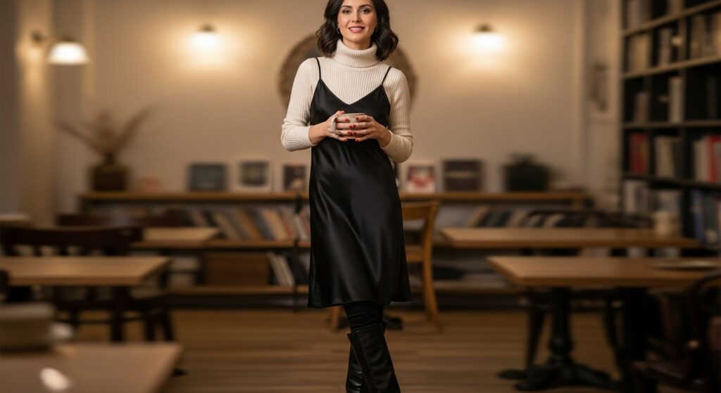 Turtleneck + Slip Dress + Leather Boots