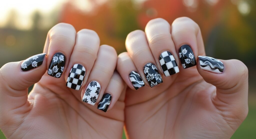 White and Black Contrast Nails