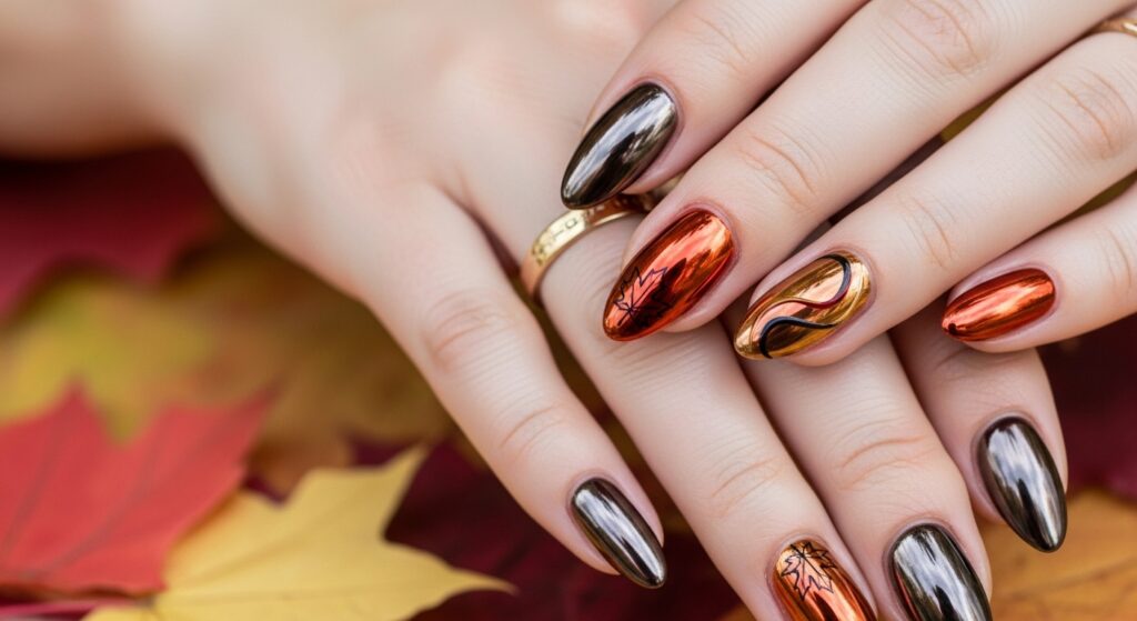chrome fall nails in autumn