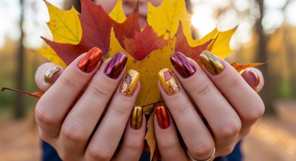 chrome fall nails in autumn