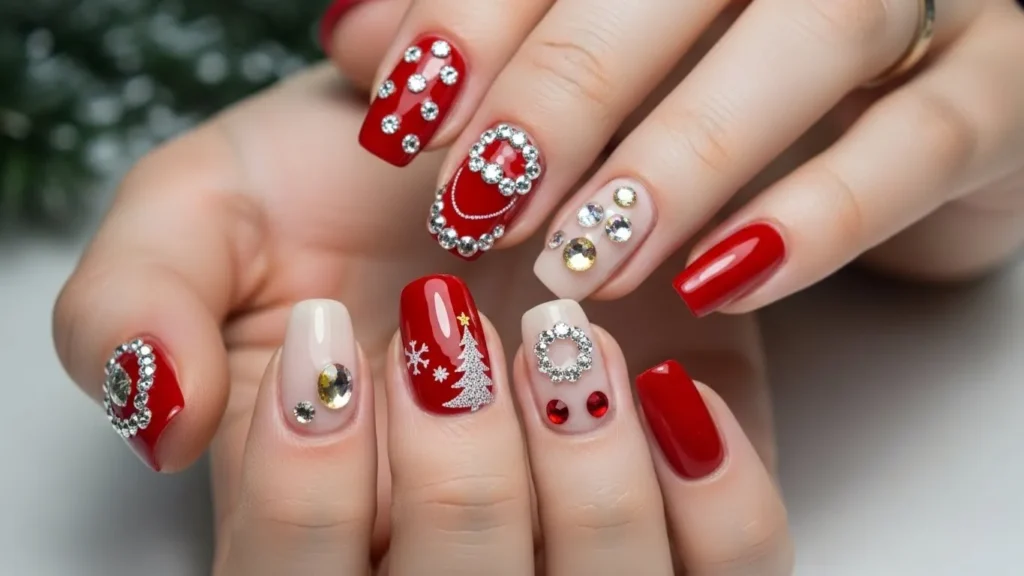 Christmas Nail Designs With Rhinestones