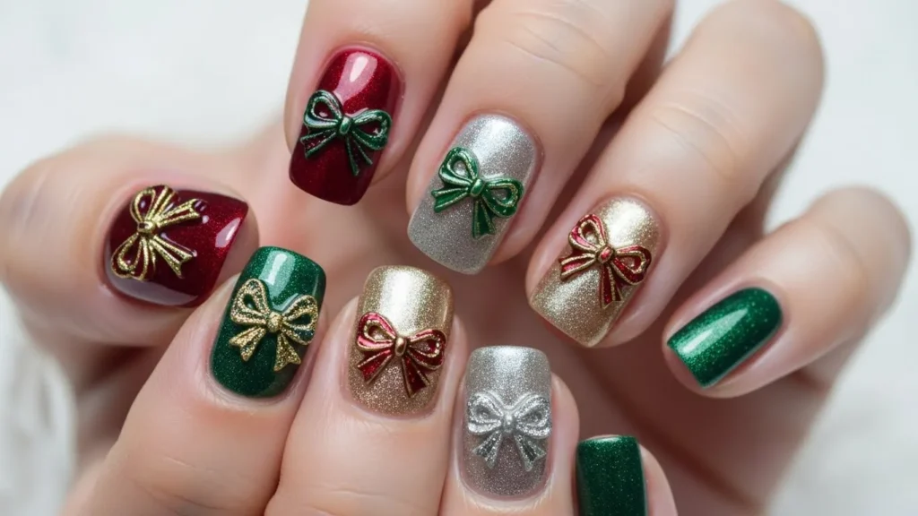 Festive Nail Art With Bows